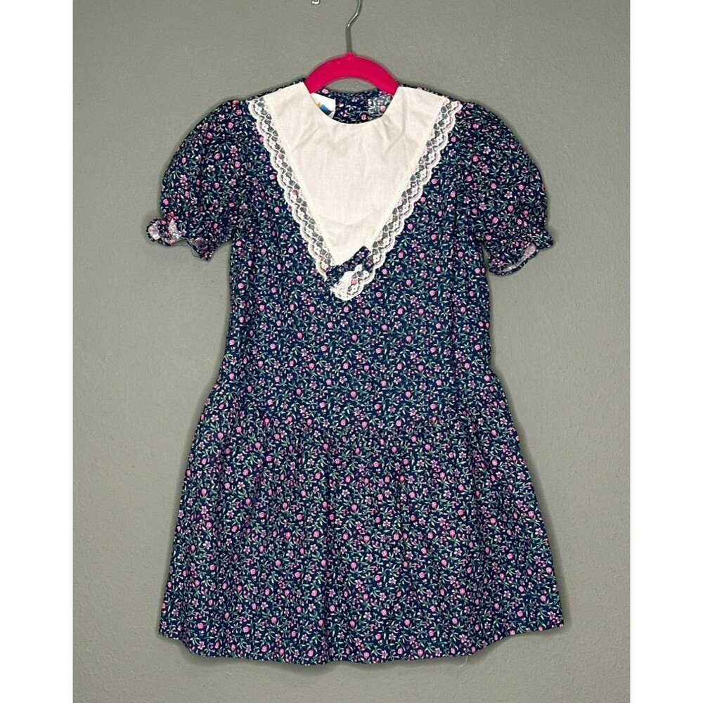 VTG 1980s Kids More 100% Cotton Lace Collar Floral Prairie Cottage Dress